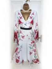 LIPSY White & Cerise Pink Floral Dipped Hem False Wrap Midi Dress, Size 8 - BNWT