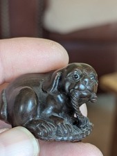 Antique Signed Netsuke Of Dog With Snake
