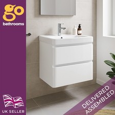 600mm White Vanity Unit Wall Hung Basin 2 Drawer Bathroom Storage Cabinet Gloss