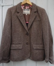 Joules HENFORD Women's Brown Herringbone Tweed Blazer Elbow Patches Jacket UK 14