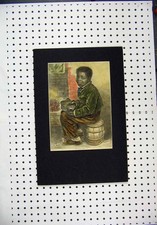 Original Old Antique Print Hand Coloured Boy Sitting Barrel Bellows