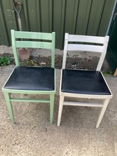 Vintage Retro Painted Wooden Dining Chairs x 2 Black Vinyl Faux Leather Seats