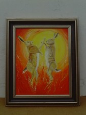 Vintage C. 1990s Framed Vibrant Acrylic / Oil Painting on canvas of Boxing Hares