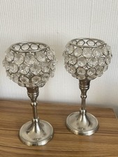 Pair Pewter & Crystal Candle Holders  “B” Mark Luxurious Wedding 18 Cm