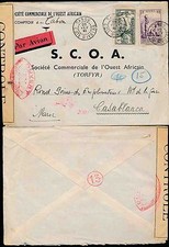 FRENCH IVORY COAST 1941 TABOU to MOROCCO AIRMAIL...CENSOR CONTROLE + 13 in RED