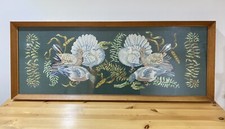 Mid Century Wood And Glazed Framed Bird Tapestry Large Wall Hanging Vintage