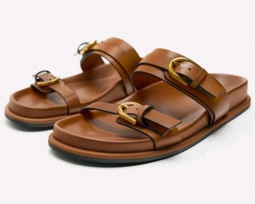 Zara brown leather sliders - zara,