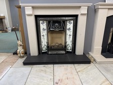 Black Riven Slate Hearth, Cast Insert With Tiles And Limestone Surround