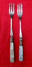2 x Antique Sheffield Silver Plated Pickle Forks Mother Of Pearl Handles