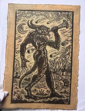 Linocut Print – “Demon with Trumpet” – Signed RW – Hand-Printed on Aged Paper