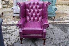 Purple High Back Chair Premium Real Leather Authentic Queen Anne Chesterfield
