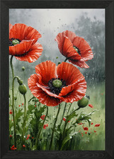 Red Poppies in the Rain Framed