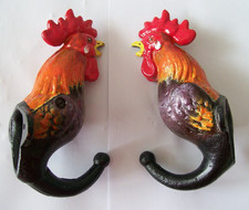 PAIR OF CHARMING CAST IRON HAND PAINTED COCKEREL HOOKS VINTAGE DESIGN