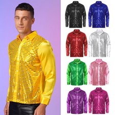 UK Mens Dance Shirt Tops Jazz Long Sleeve Latin Shirt Sequin Button Down Shirts