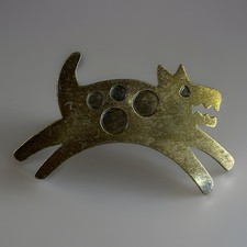 Angry Dog Brooch Vintage Brass Tone Folk Art Terrier Spotty Puppy Modernist