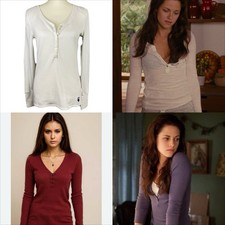 Aeropostale Y2k Henley Top XL Waffle Knit Fitted Bella Swan Elena Gilbert White