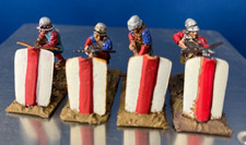 Middle ages crossbow men with shield, four white metal figures, 28mm scale