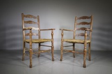 Pair Heals of London Antique Oak Carver Dining Chairs