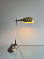 Vintage Dugdills Industrial Adjustable Desk Lamp Cast Base Brass Shell Shade
