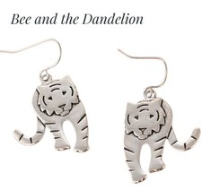 Silver Tone Tiger Big Cat  Dangle Earrings