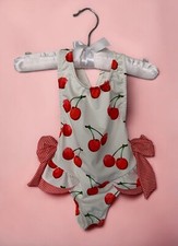 Girls Spanish Swimsuit/Swimming Costume with Cherry/Cherries Pattern and Bows