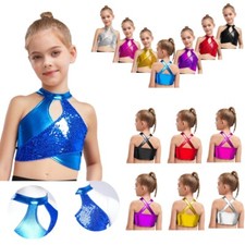 Girls Jazz Latin Dance Costume Cross Keyhole Sequins Metallic Crop Top Dancewear