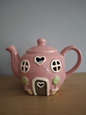 Ceramic PINK TEA POT HOUSE Tea Light Holder Gift by Quay Traders  13cm Tall NEW