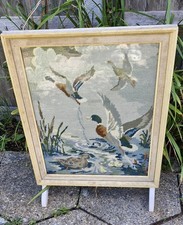 Vintage Large Tapestry Fire Screen Embroidery of Ducks by a Pond Teak Glass 
