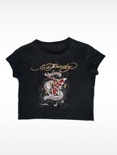Ed Hardy Black Cropped Tee With Rhinestone Details Size Medium