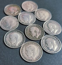 Ten Old Sterling Silver Coins ~ George V  ~  Three Pence Pieces, All 1911 & 1914
