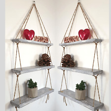 Rustic Shabby Chic Handmade Rope Shelves Wooden Natural Wood Hanging 3 Tier 40cm
