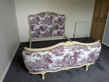 Vintage French Corbeille Double Bed Upholstered In Purple Toile Fabric