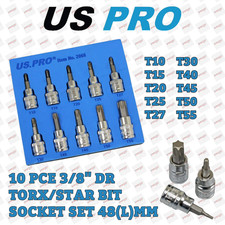 US PRO 10pc 3/8dr Torx / Star Bit Socket Set 48mm (L)  T10 TO T55 2066