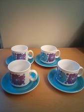 4 X Vintage  Staffordshire Potteries Blue,Purple Floral Cups,Saucers 1960s/70s 