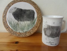 Vintage Herdwick Sheep Pot Stand Tile Centre with Cork Back & China Herdwick Mug