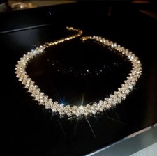 Gold Choker Necklace Crystal Rhinestone 3 Row Diamante Shine Party Gift