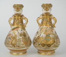 FINE! Pair Antique Japanese Satsuma Porcelain Pottery Vases MEIJI 19thC