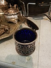 VINTAGE BARKER BROS MUSTARD POT MILITARY UK SILVER PLATED HINGED LID BLUE GLASS