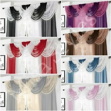 PLAIN BEADED VOILE SWAGS NET CURTAIN PANEL PELMET VALANCE DRAPES JEWEL SWAG