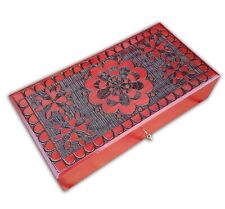 WOODEN LARGE JEWELLERY BOX, 34 CM LONG, LOCK AND KEY, - RED
