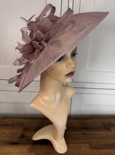 Hat Box Dusky Pink Sinamay & Feather Wide Brim Hatinator Wedding Mother Races