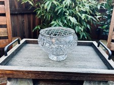 Vintage Cut Crystal Rose Bowl with Metal Flower Grid Floral Arranger Decor