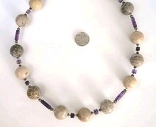 Vtg real sterling silver fosilised coral  Necklace beaded and filigree statement