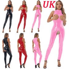 Women Wetlook Bodysuit Catsuit Open Cup Leotards Sleeveless Crotchless Jumpsuit