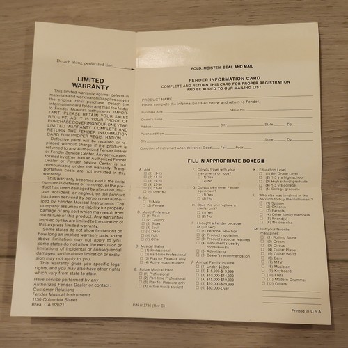 1980s fender warranty - 1980s,