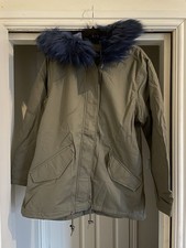 Brave Soul Women’s Parka Coat Size 14 Khaki Faux Fur Hood Navy Lined Jacket NWT