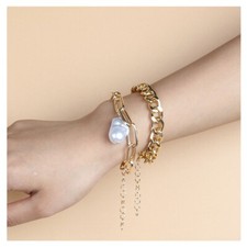 Bracelet Pair Boho Style Multilayer Gold Charm Cuff Bangle Bead Pair Pearl Duo