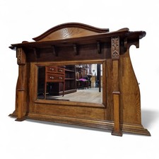 Antique overmantle oak mirror - Large Arts & Crafts carved wall mantle mirror