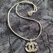Chanel Double C Logo Necklace Silver Snake Chain Used Elegant Jewelry