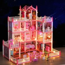Doll House for Girls,11 Rooms Dollhouse with Dolls Puppies Furnitures, LED Light
